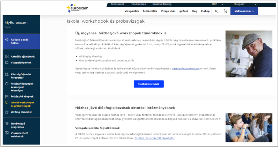 Iskolai workshopok, próbavizsgák - tanári fiók