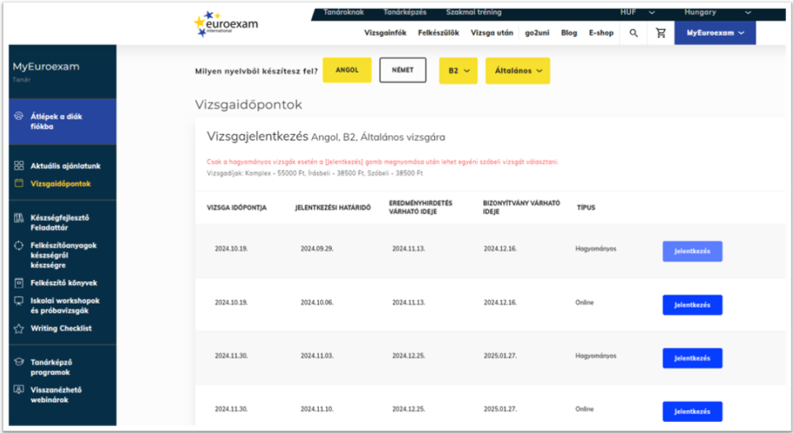 Vizsgaidőpontok - tanári fiók